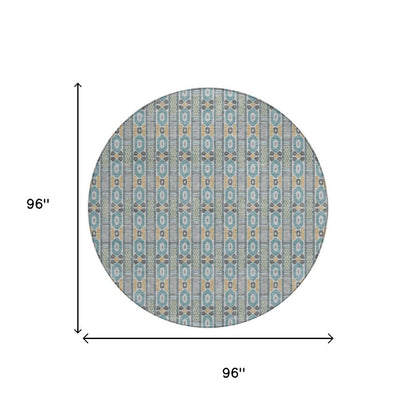 8' Teal Blue And Silver Round Striped Washable Indoor Outdoor Area Rug HomeRoots
