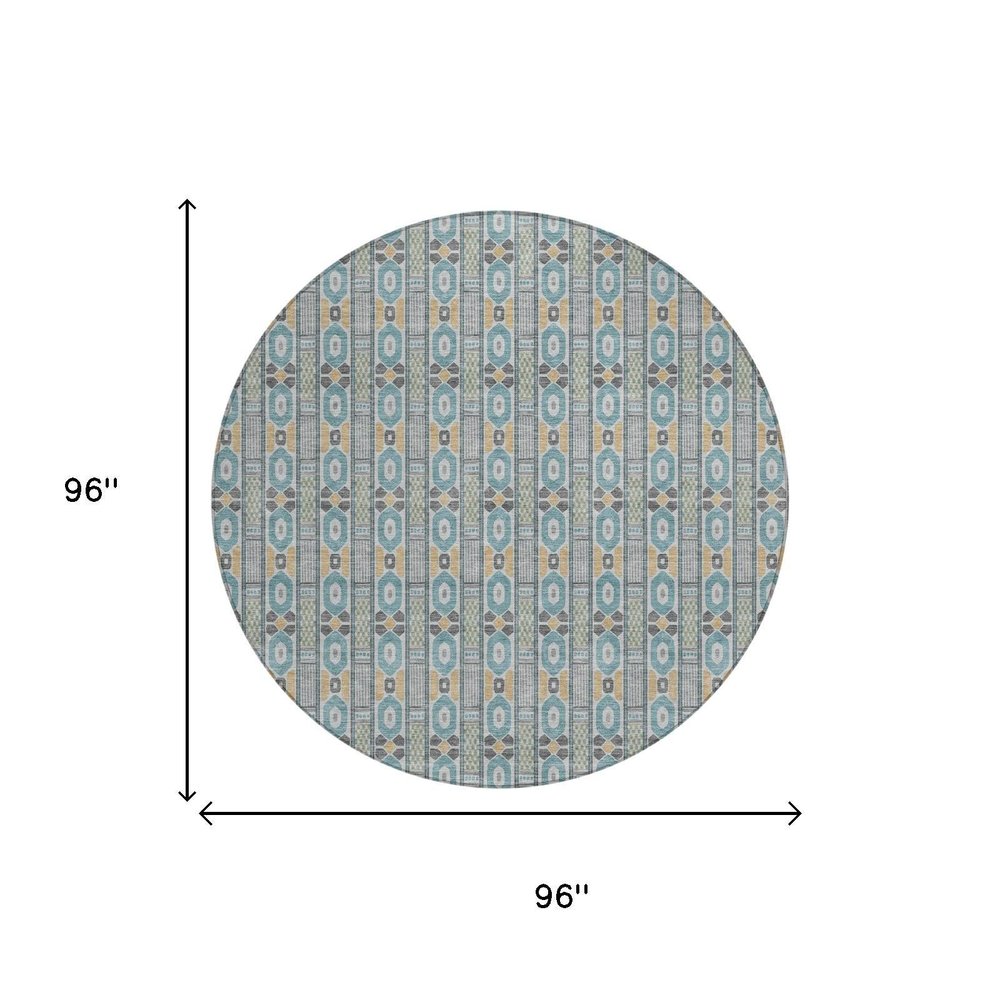 8' Teal Blue And Silver Round Striped Washable Indoor Outdoor Area Rug — view 5