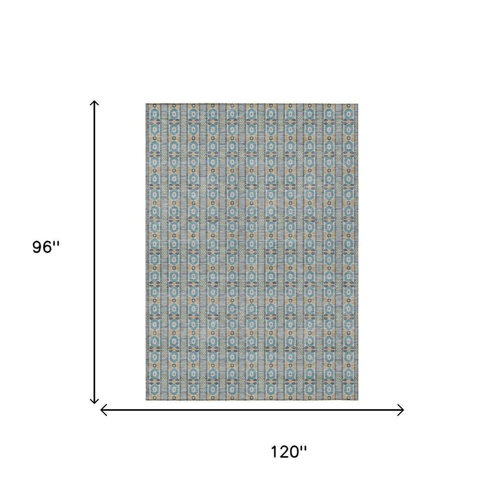 8' X 10' Teal Blue And Silver Striped Washable Indoor Outdoor Area Rug HomeRoots