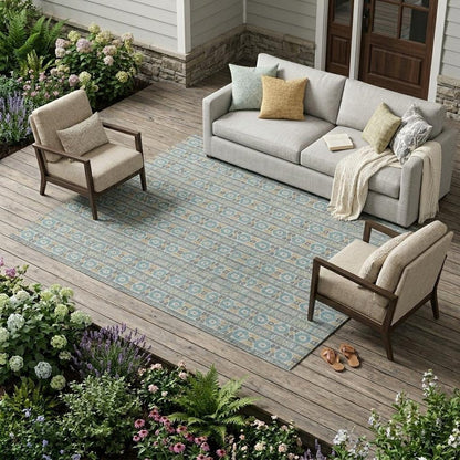 8' X 10' Teal Blue And Silver Striped Washable Indoor Outdoor Area Rug HomeRoots