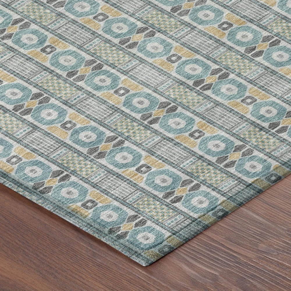 8' X 10' Teal Blue And Silver Striped Washable Indoor Outdoor Area Rug — view 2
