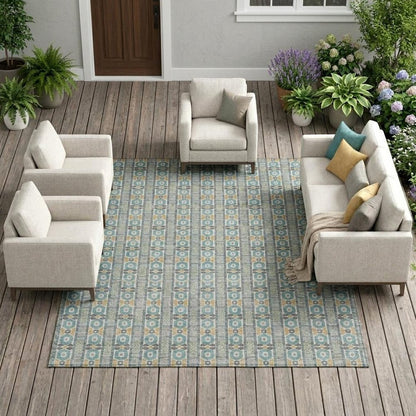 9' X 12' Teal Blue And Silver Striped Washable Indoor Outdoor Area Rug HomeRoots
