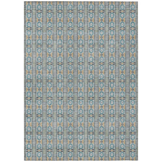 9' X 12' Teal Blue And Silver Striped Washable Indoor Outdoor Area Rug