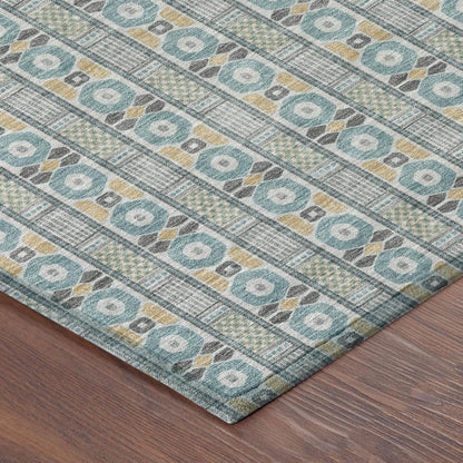 9' X 12' Teal Blue And Silver Striped Washable Indoor Outdoor Area Rug HomeRoots
