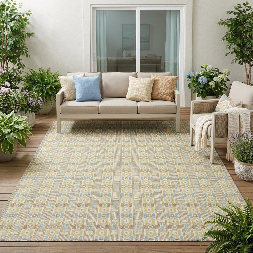 5' X 8' Wheat And Gold Striped Washable Indoor Outdoor Area Rug HomeRoots
