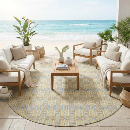 8' Wheat And Gold Round Striped Washable Indoor Outdoor Area Rug HomeRoots