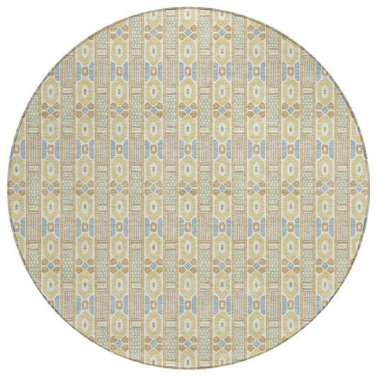 8' Wheat And Gold Round Striped Washable Indoor Outdoor Area Rug