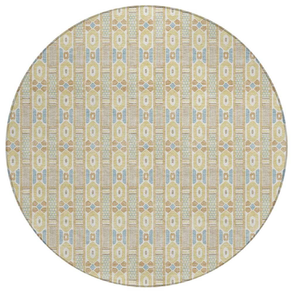 8' Wheat And Gold Round Striped Washable Indoor Outdoor Area Rug HomeRoots