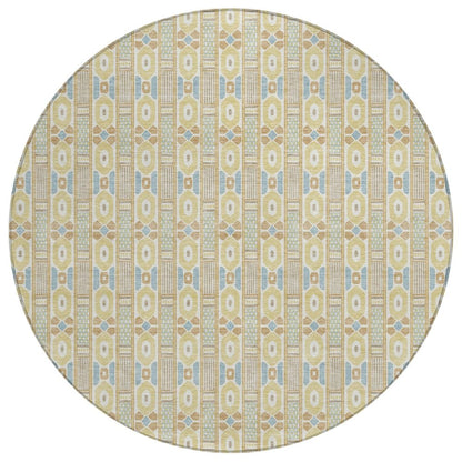8' Wheat And Gold Round Striped Washable Indoor Outdoor Area Rug HomeRoots
