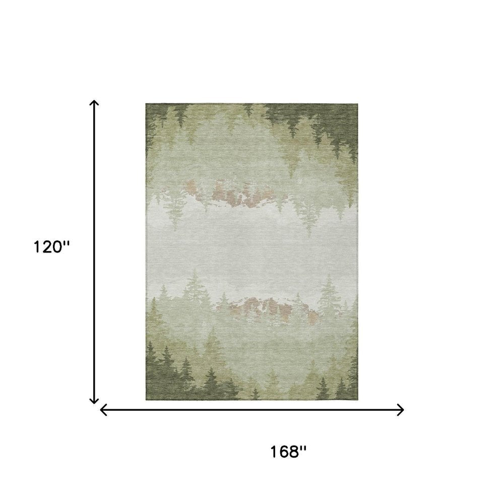 10' X 14' Green And Ivory Floral Washable Indoor Outdoor Area Rug — view 4
