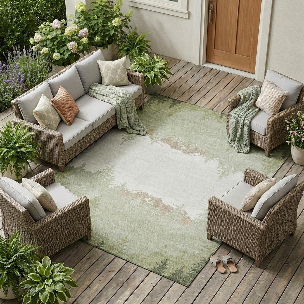 10' X 14' Green And Ivory Floral Washable Indoor Outdoor Area Rug — view 5