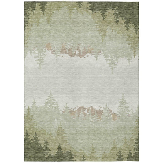 10' X 14' Green And Ivory Floral Washable Indoor Outdoor Area Rug