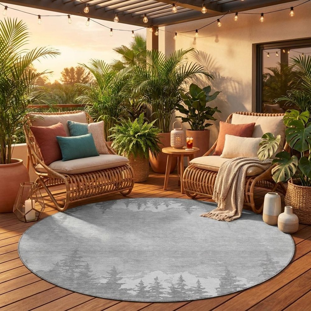 8' Gray And Silver Round Floral Washable Indoor Outdoor Area Rug HomeRoots