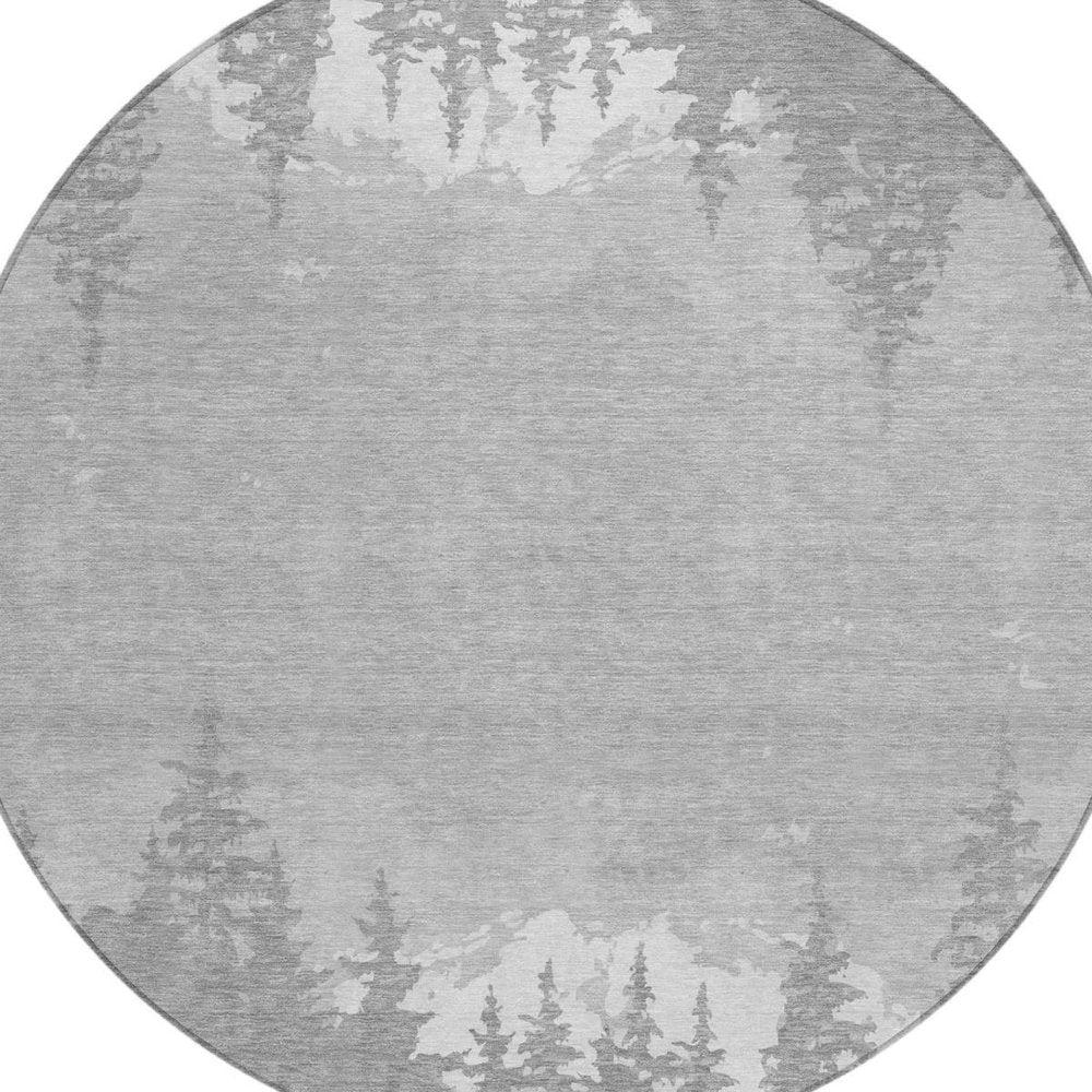 8' Gray And Silver Round Floral Washable Indoor Outdoor Area Rug