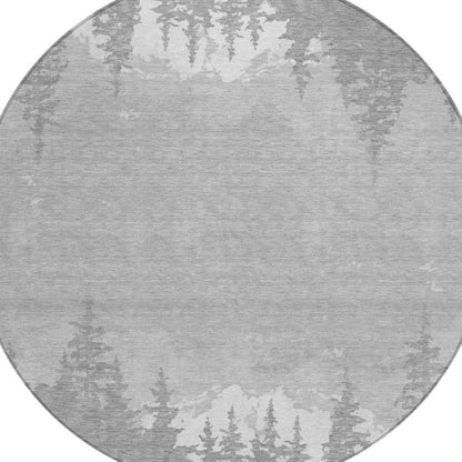 8' Gray And Silver Round Floral Washable Indoor Outdoor Area Rug