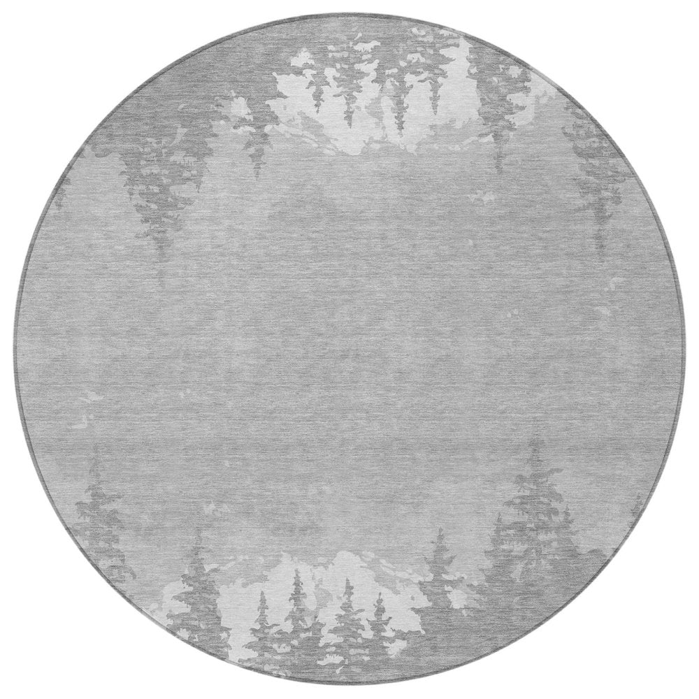 8' Gray And Silver Round Floral Washable Indoor Outdoor Area Rug — view 8