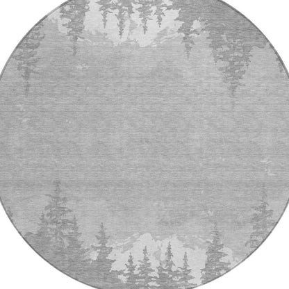 8' Gray And Silver Round Floral Washable Indoor Outdoor Area Rug