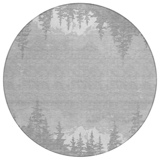 8' Gray And Silver Round Floral Washable Indoor Outdoor Area Rug