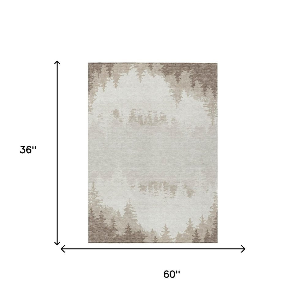 3' X 5' Ivory And Beige Floral Washable Indoor Outdoor Area Rug — view 4