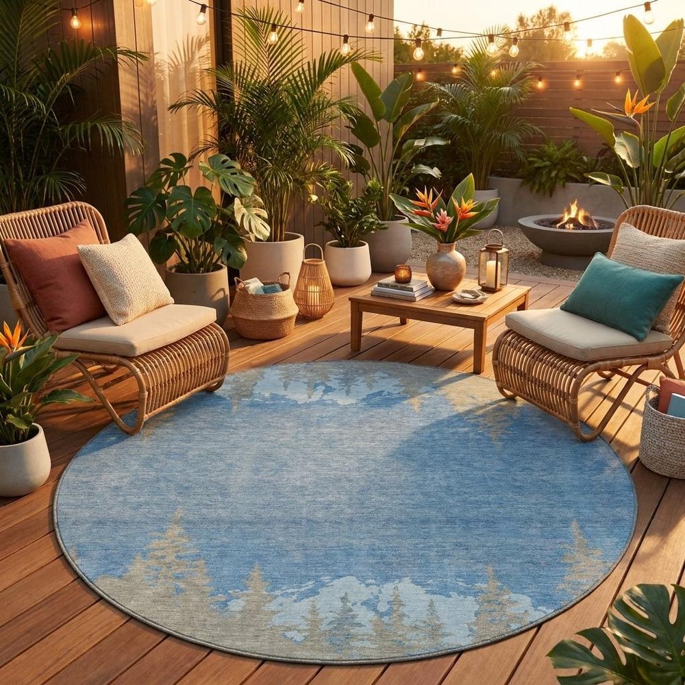8' Navy Blue And Blue Round Floral Washable Indoor Outdoor Area Rug — view 5