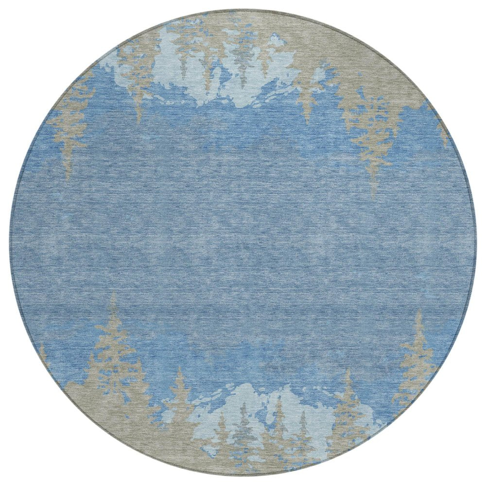 8' Navy Blue And Blue Round Floral Washable Indoor Outdoor Area Rug — view 1