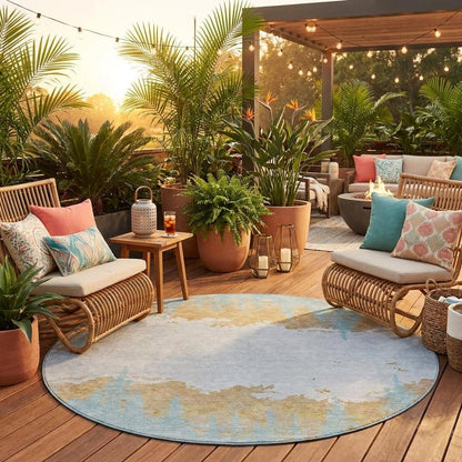 8' Teal Blue And Turquoise Round Floral Washable Indoor Outdoor Area Rug HomeRoots