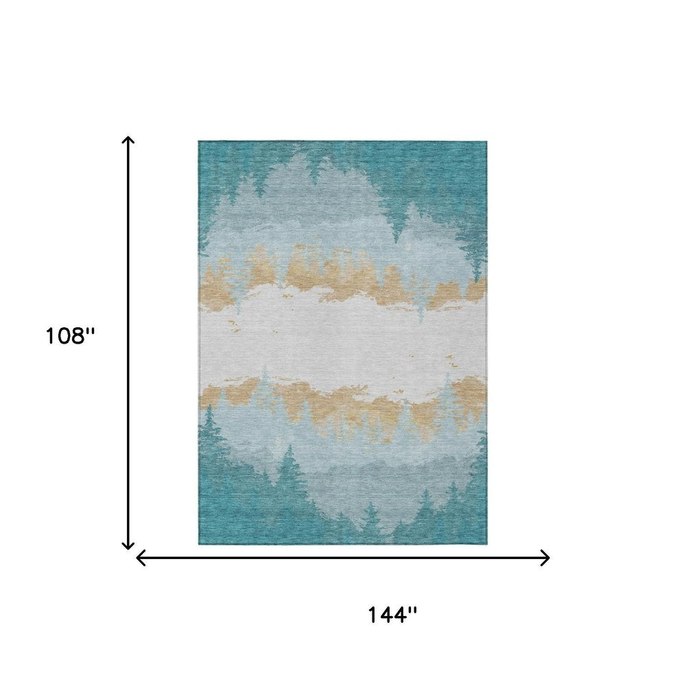 9' X 12' Teal Blue And Turquoise Floral Washable Indoor Outdoor Area Rug — view 5