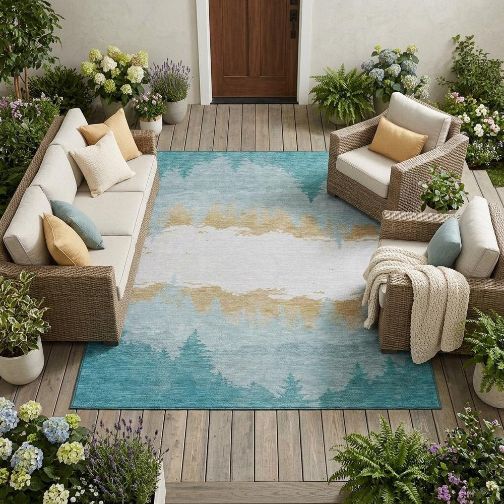9' X 12' Teal Blue And Turquoise Floral Washable Indoor Outdoor Area Rug HomeRoots