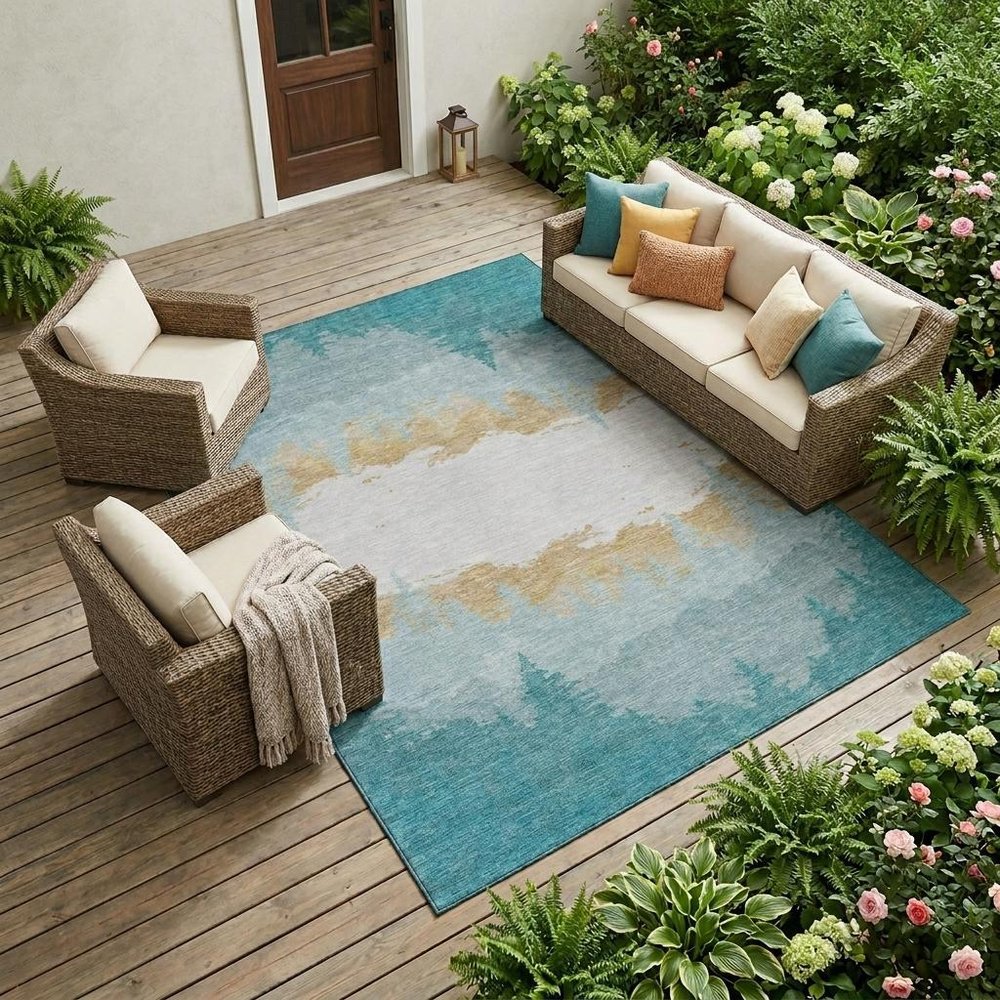 10' X 14' Teal Blue And Turquoise Floral Washable Indoor Outdoor Area Rug HomeRoots