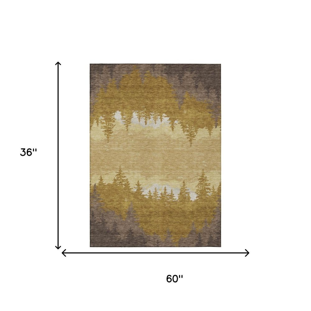 3' X 5' Walnut And Gold Floral Washable Indoor Outdoor Area Rug — view 4