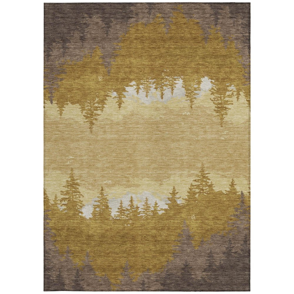 5' X 8' Walnut And Gold Floral Washable Indoor Outdoor Area Rug