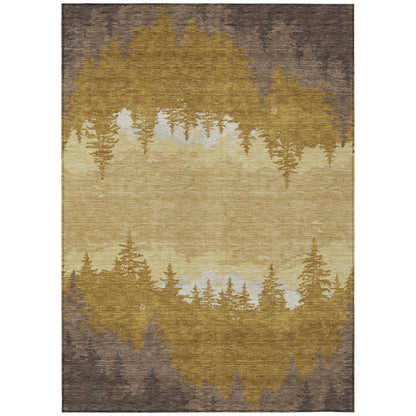 5' X 8' Walnut And Gold Floral Washable Indoor Outdoor Area Rug