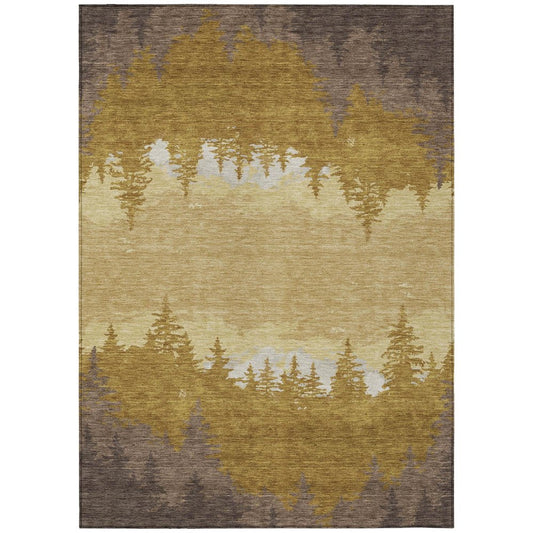 5' X 8' Walnut And Gold Floral Washable Indoor Outdoor Area Rug
