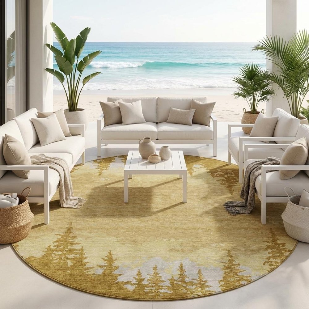 8' Walnut And Gold Round Floral Washable Indoor Outdoor Area Rug — view 5