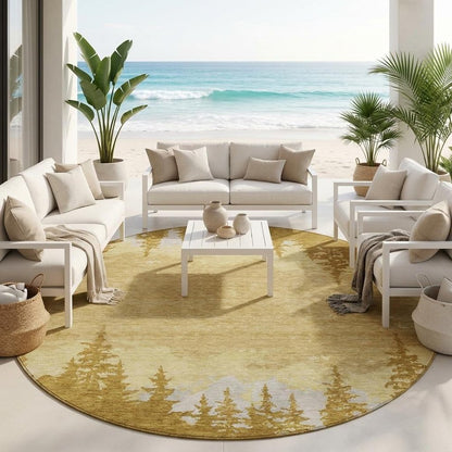 8' Walnut And Gold Round Floral Washable Indoor Outdoor Area Rug