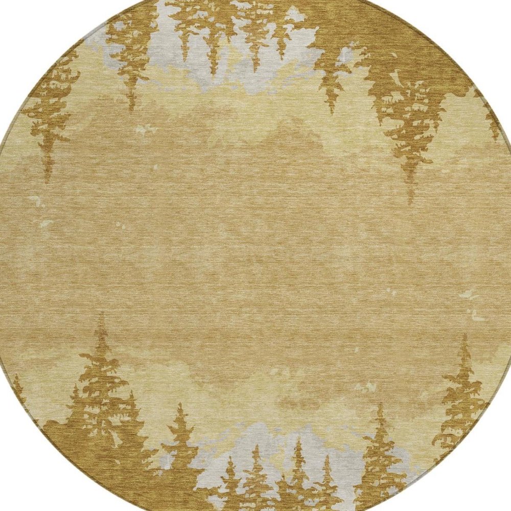 8' Walnut And Gold Round Floral Washable Indoor Outdoor Area Rug — view 7