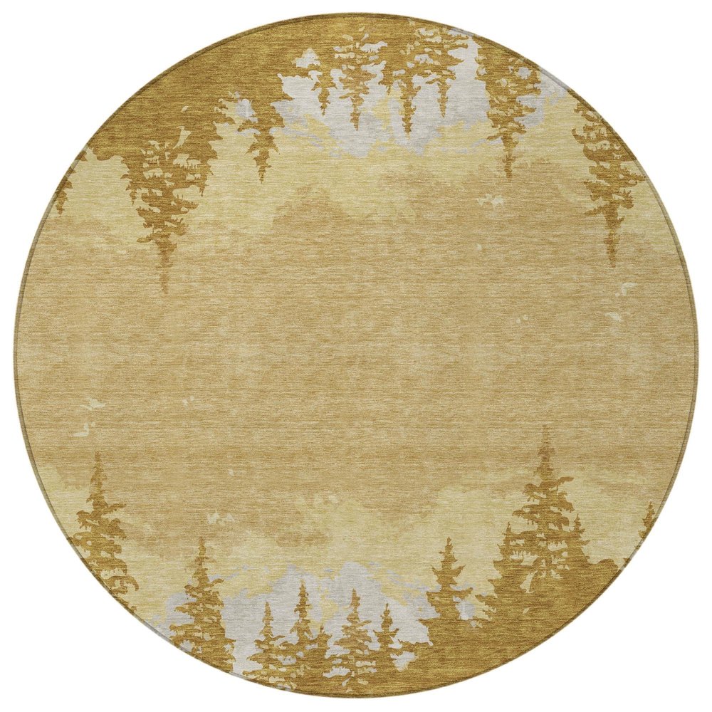 8' Walnut And Gold Round Floral Washable Indoor Outdoor Area Rug — view 8