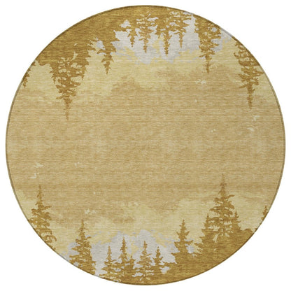 8' Walnut And Gold Round Floral Washable Indoor Outdoor Area Rug