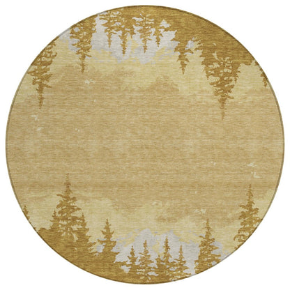 8' Walnut And Gold Round Floral Washable Indoor Outdoor Area Rug HomeRoots
