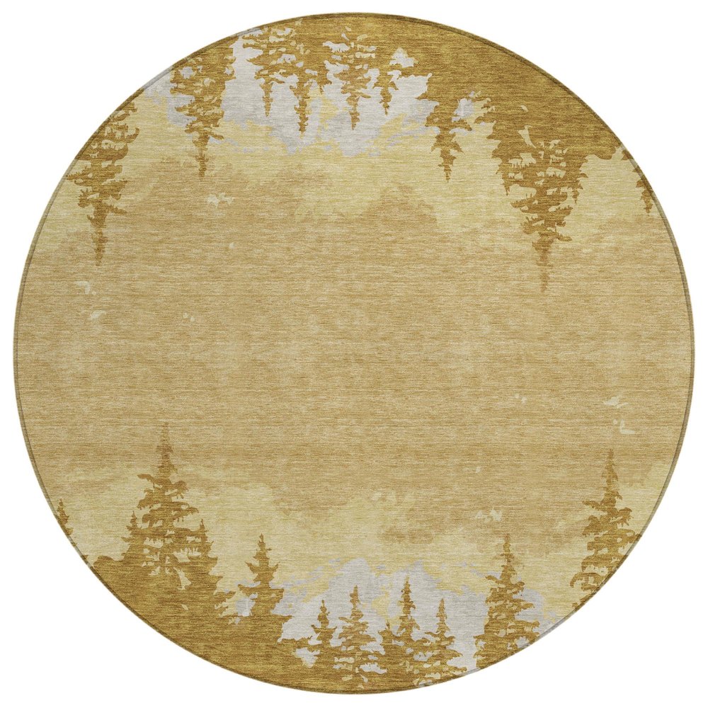 8' Walnut And Gold Round Floral Washable Indoor Outdoor Area Rug — view 1