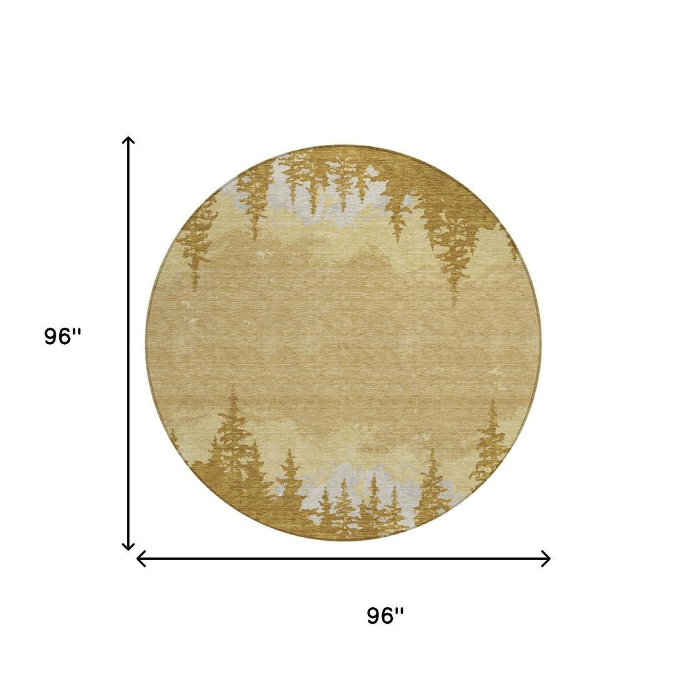 8' Walnut And Gold Round Floral Washable Indoor Outdoor Area Rug