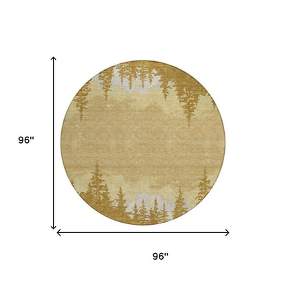 8' Walnut And Gold Round Floral Washable Indoor Outdoor Area Rug