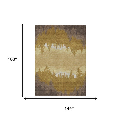 9' X 12' Walnut And Gold Floral Washable Indoor Outdoor Area Rug