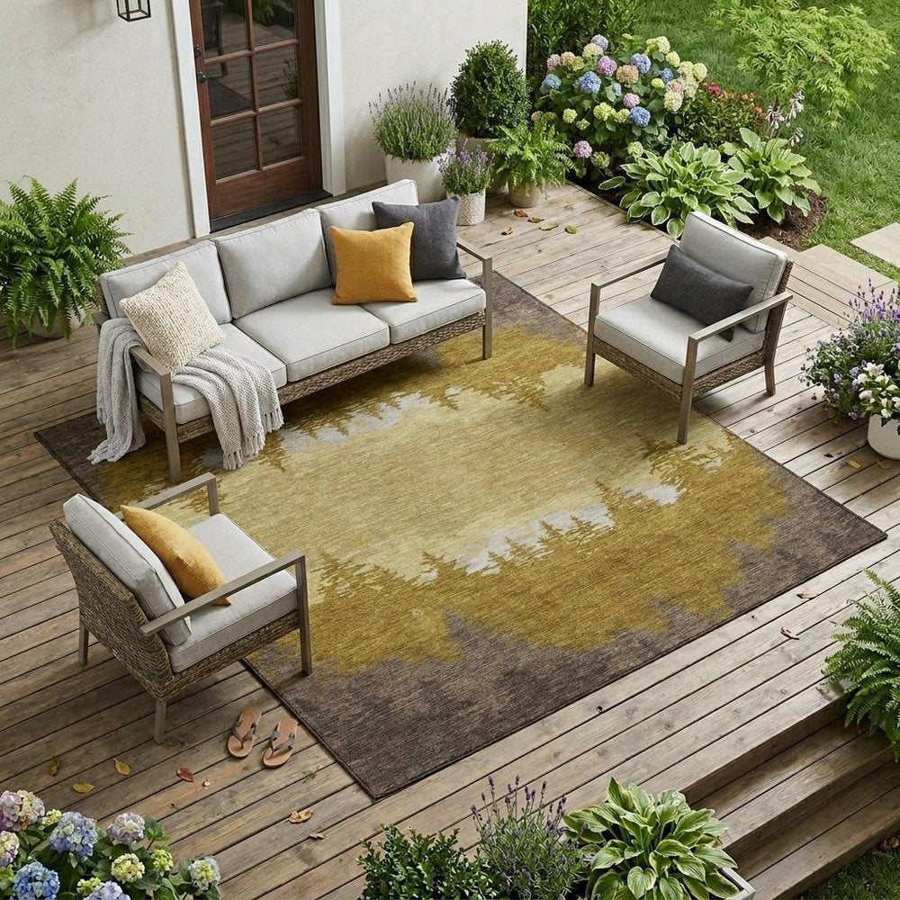 9' X 12' Walnut And Gold Floral Washable Indoor Outdoor Area Rug — view 6