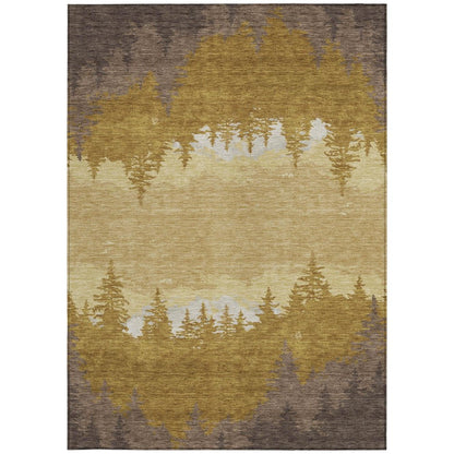 9' X 12' Walnut And Gold Floral Washable Indoor Outdoor Area Rug