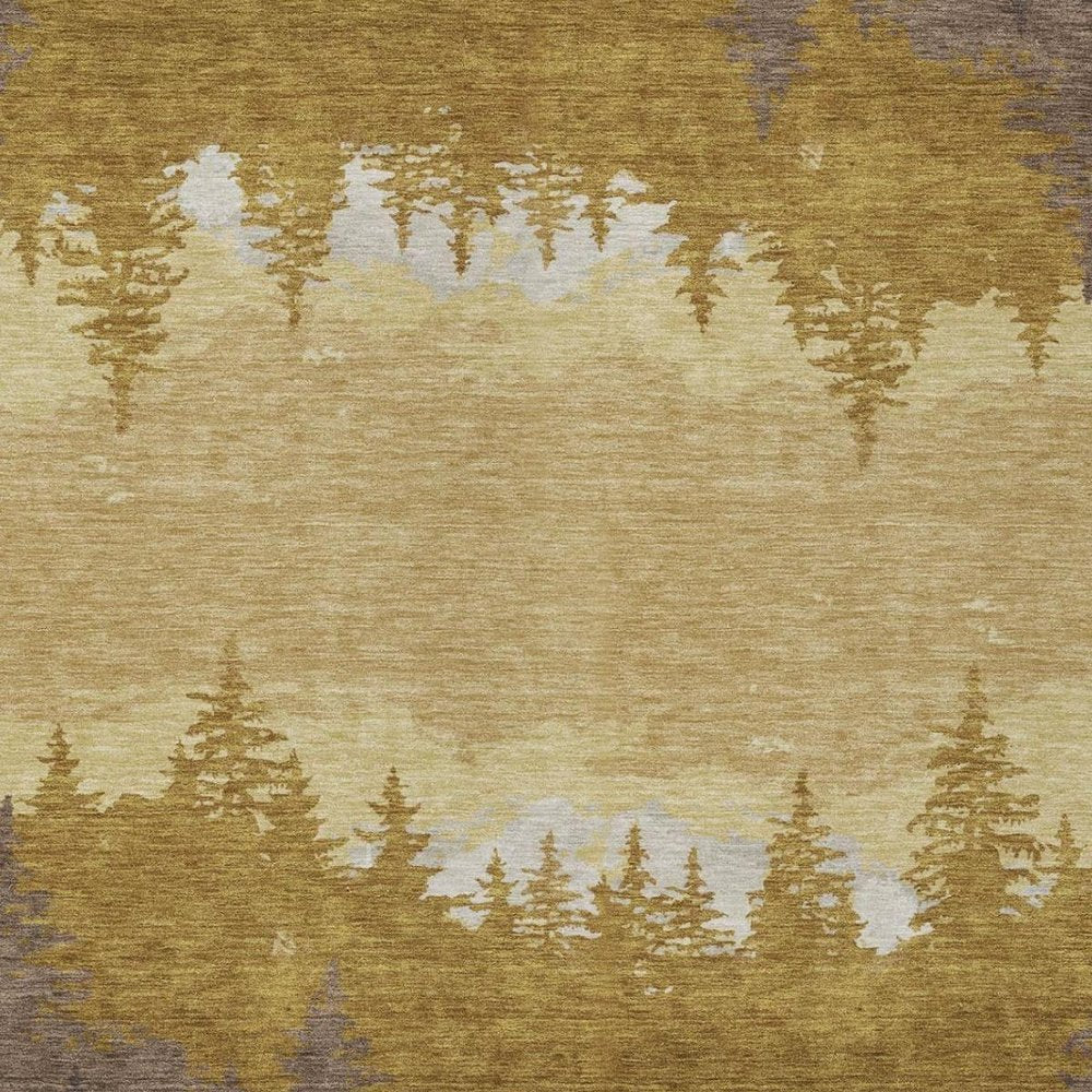 9' X 12' Walnut And Gold Floral Washable Indoor Outdoor Area Rug