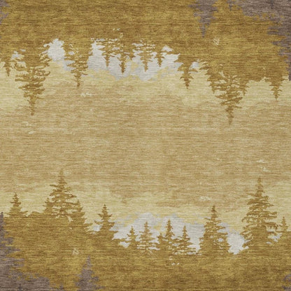 9' X 12' Walnut And Gold Floral Washable Indoor Outdoor Area Rug