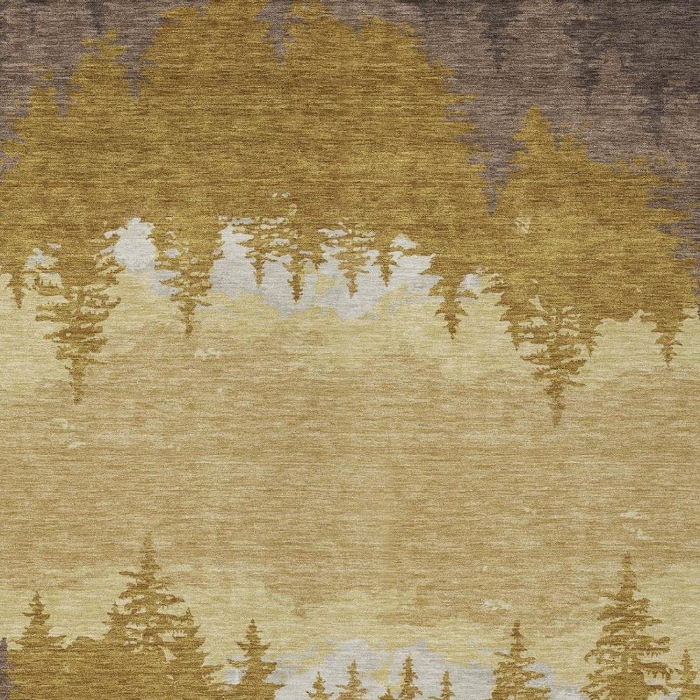 9' X 12' Walnut And Gold Floral Washable Indoor Outdoor Area Rug