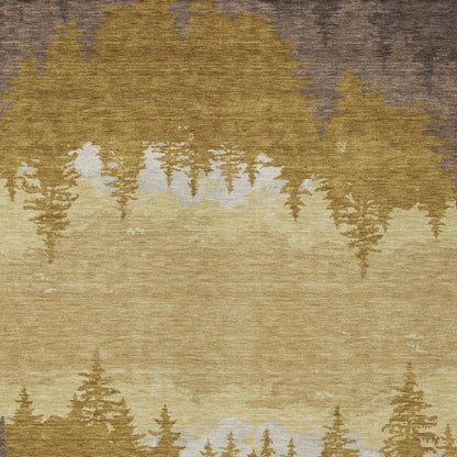 9' X 12' Walnut And Gold Floral Washable Indoor Outdoor Area Rug