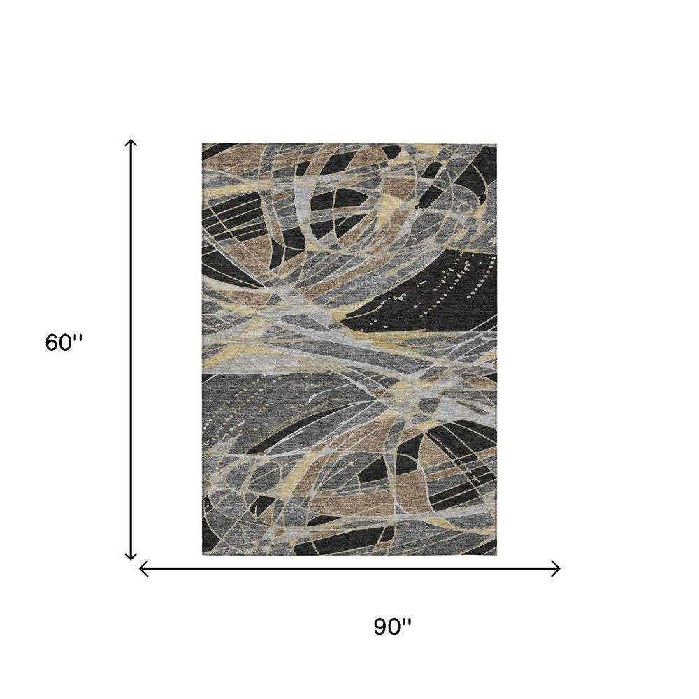 5' X 8' Black And Graphite Abstract Washable Indoor Outdoor Area Rug HomeRoots